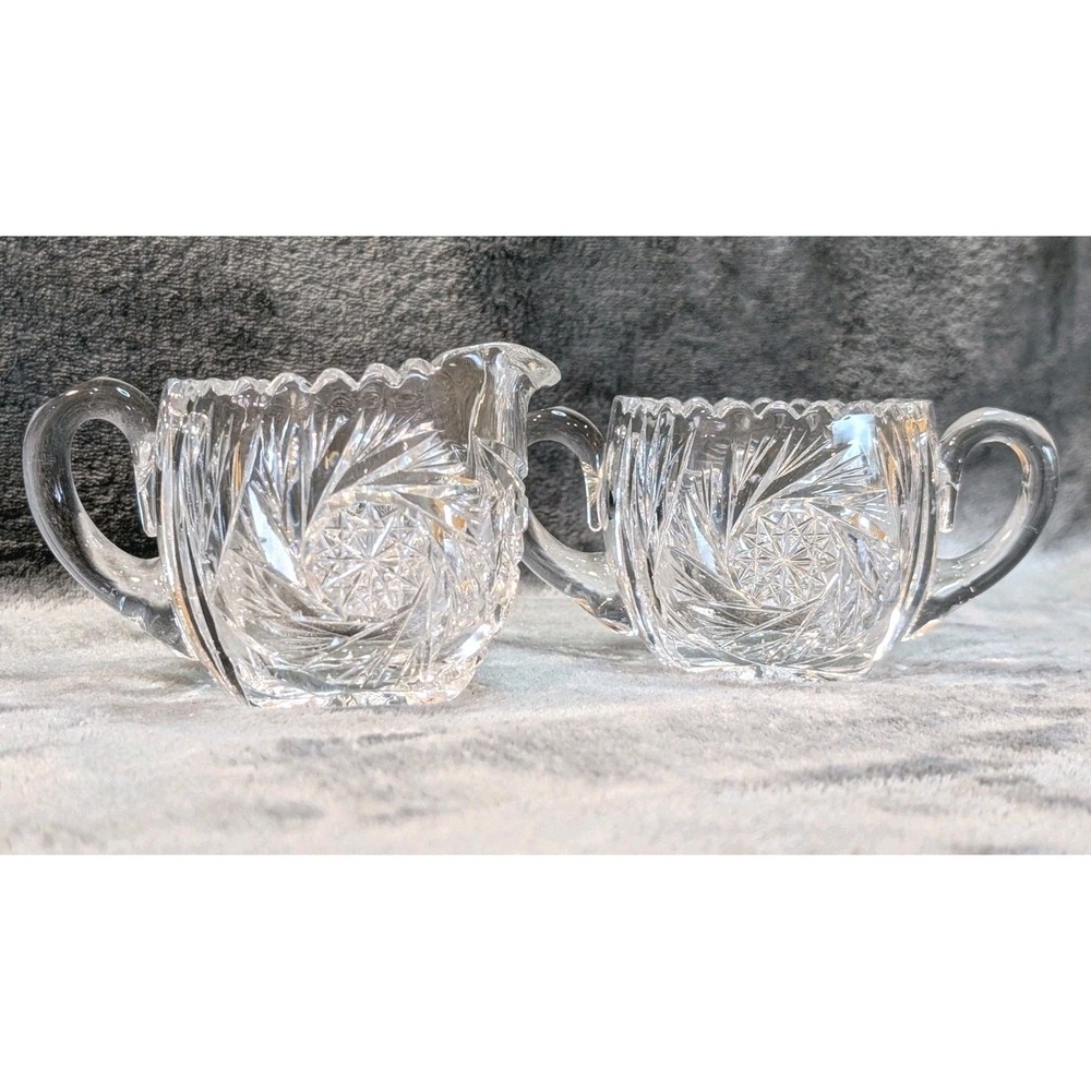 Vintage Pressed Glass Creamer & Sugar Bowl – Fan & Starburst Pattern, Scalloped